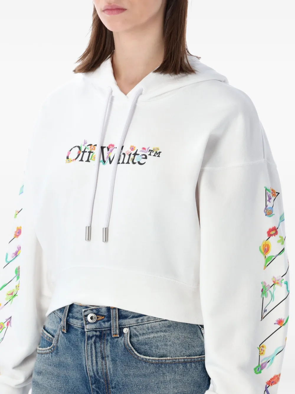 Укороченное худи с цветочным принтом Off-White, белый — фото 3