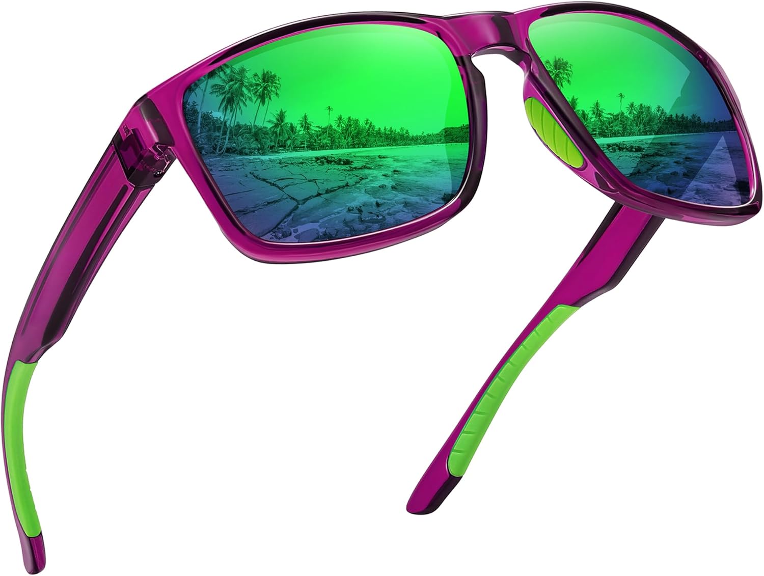 

Спортивные поляризованные солнцезащитные очки для мужчин и женщин с защитой от УФ-излучения, небьющиеся, для вождения, бега, рыбалки, походов Ofwin, Clear Purple Frame/Green Mirror Lens