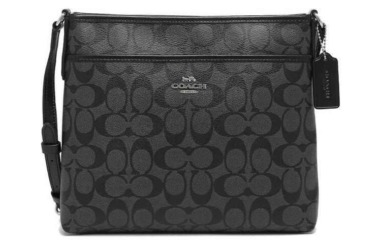 

Файл кэнвас с кожаной сумка-мессенджер, плечевая сумка, кроссбоди Medium Women's Black Gray COACH, Set (Bag+Dust Bag)