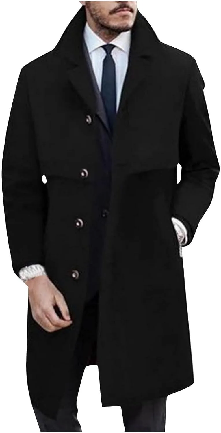 Мужское пальто из шерстяной смеси Casual Business с отложным воротником, однобортное, длинное, теплое зимнее тренчкот Generic, черный