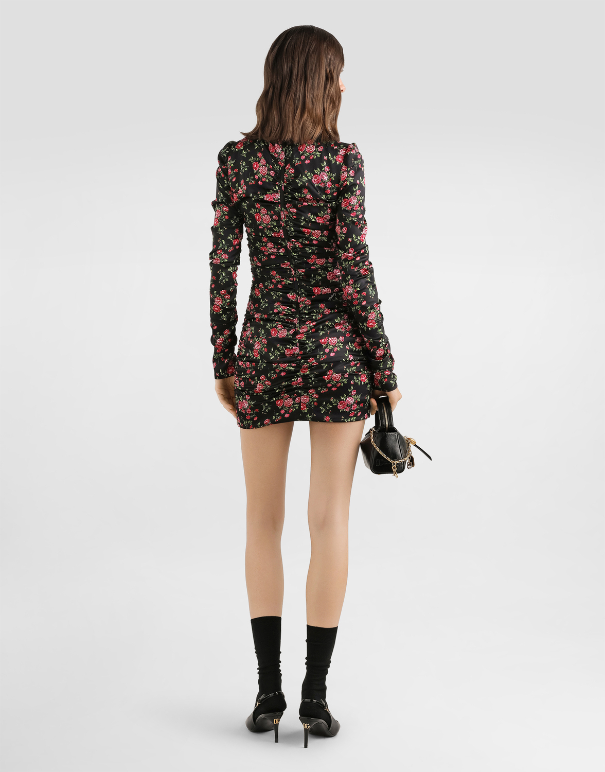 Длинное атласное платье с принтом из маленьких букетов роз Dolce & Gabbana, мультиколор — фото 3