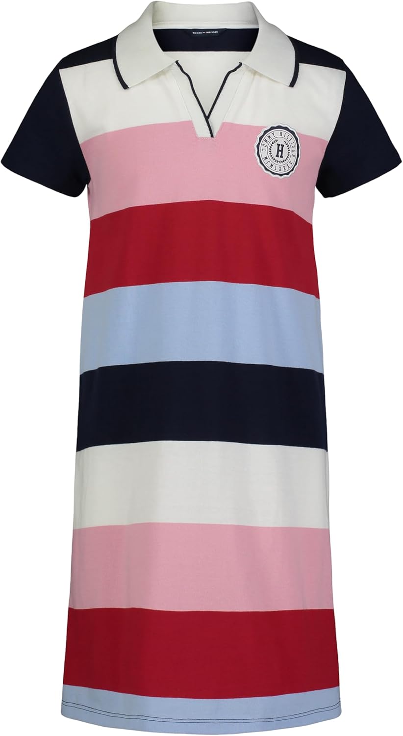 

Трикотажное платье-поло с короткими рукавами Tommy Hilfiger для девочек, повседневная одежда, мягкое и удобное., Rugby Navy Blazer