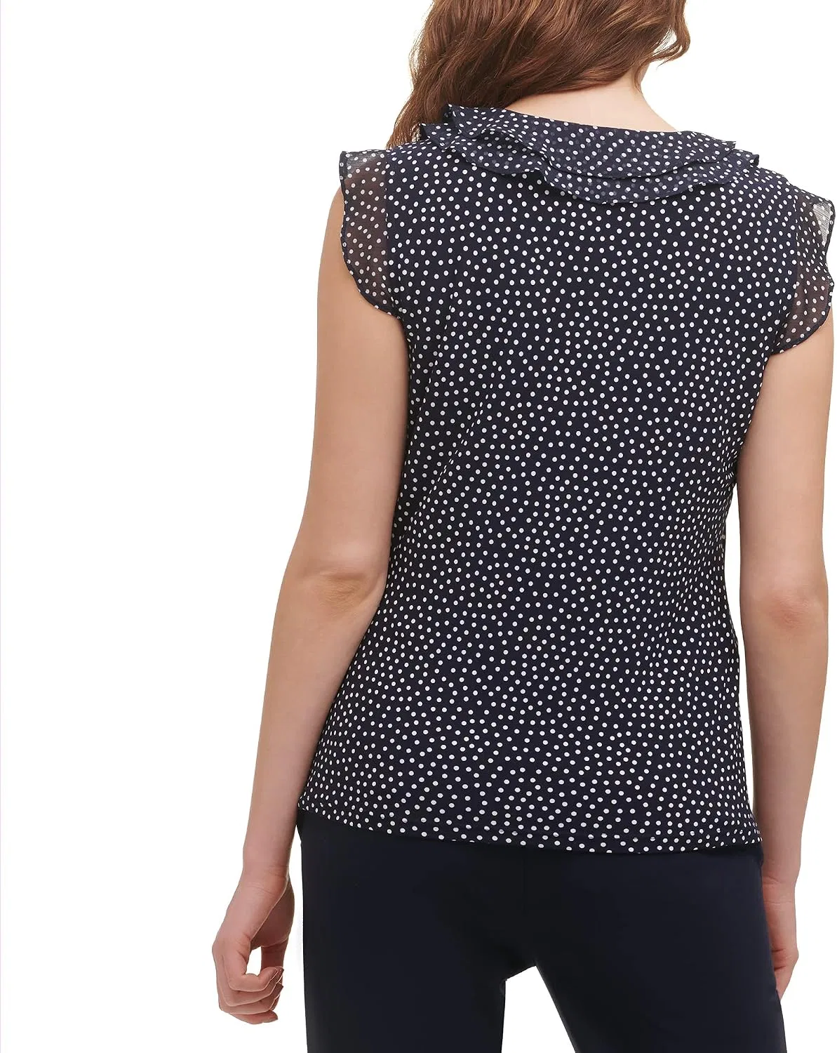 Блуза с оборками, Mixed Media Dot Ruffle Blouse, Tommy Hilfiger, темно-синий/слоновая кость — фото 3