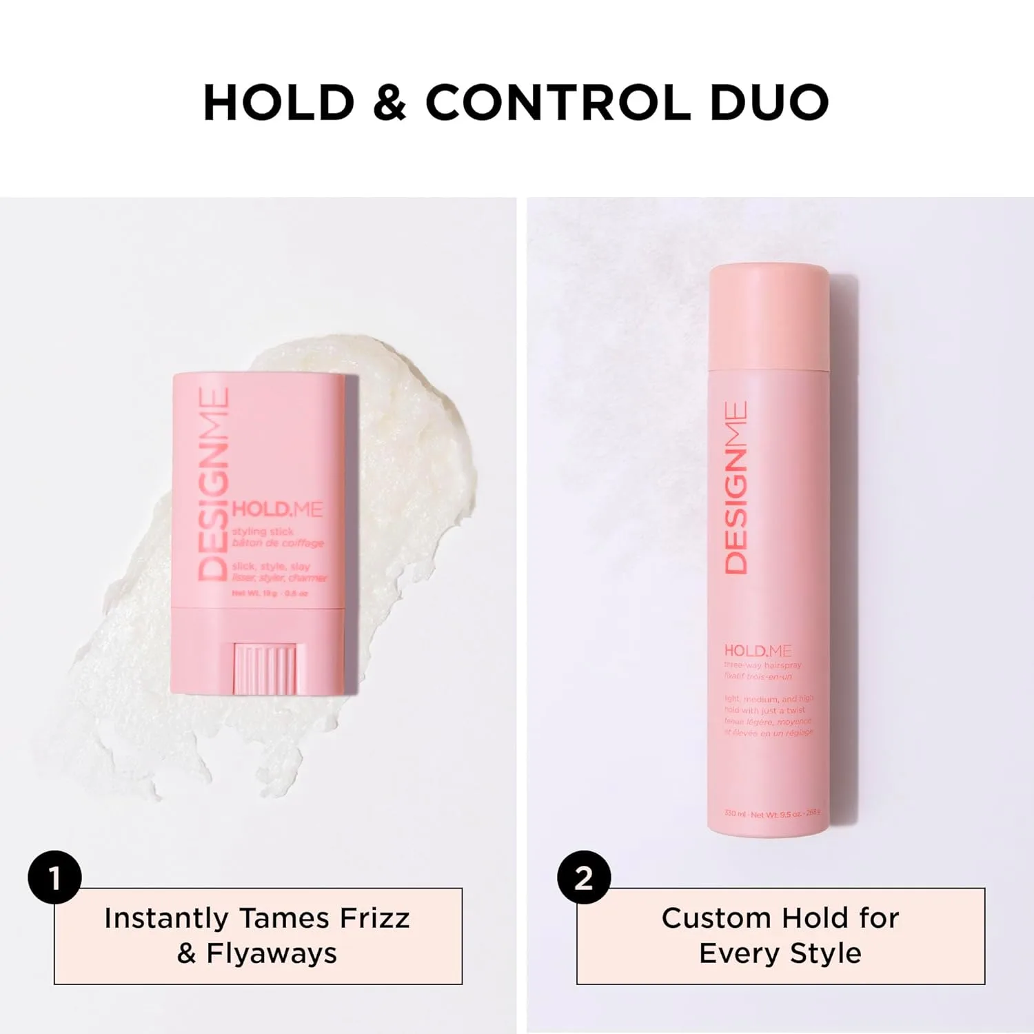 DESIGNME HOLD.ME Styling Stick и Three-way Hairspray | Воск для укладки | Контроль пушистости, укрощение непослушных волос и выравнивание | Лак сильной фиксации | Термозащитный спрей для укладки Design.Me — фото 3