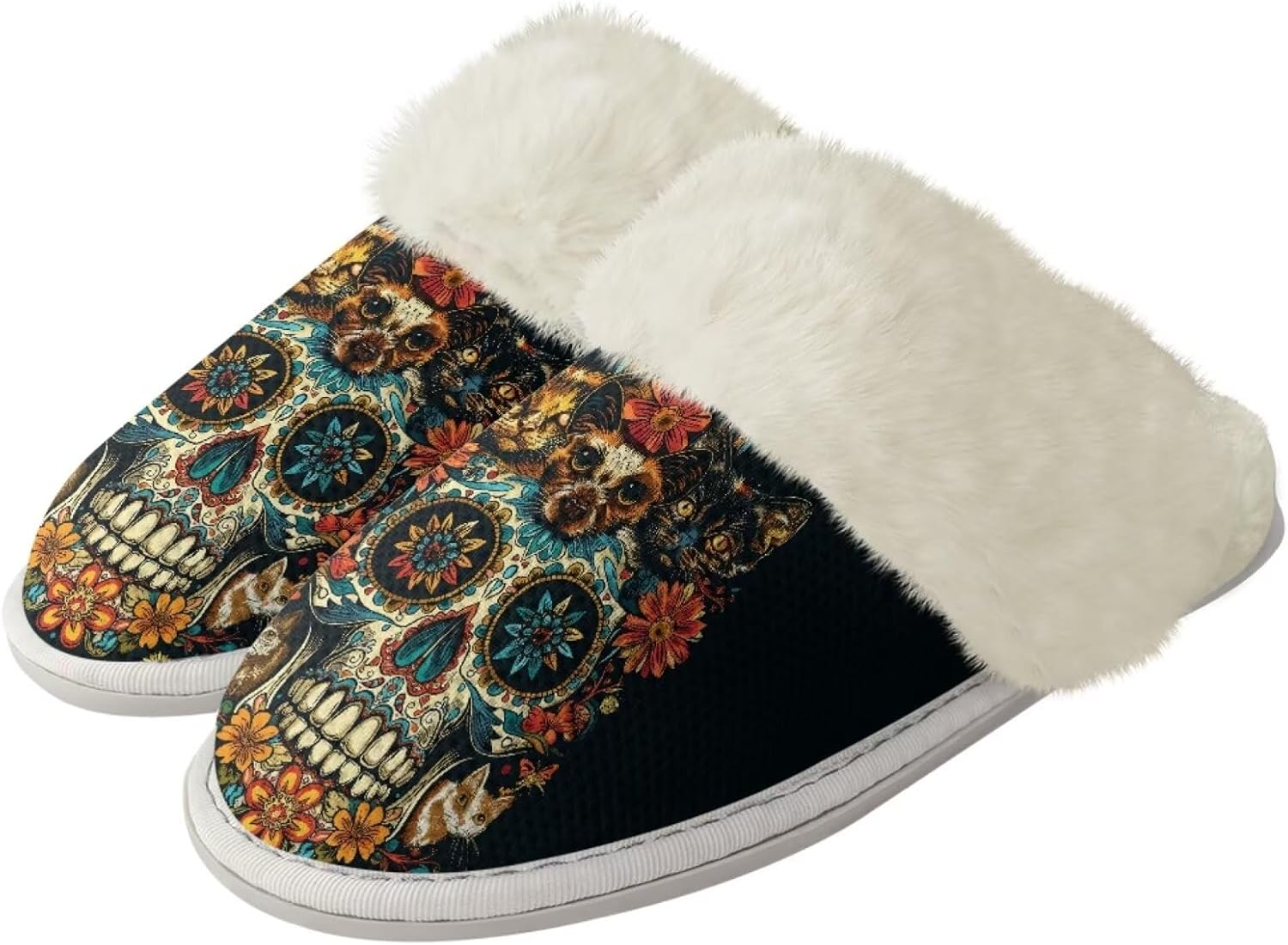 

Мягкие домашние тапочки с принтом черепа, удобные, с противоскользящим покрытием и поддержкой свода стопы, идеально подходят для зимы Getelinseng, Vintage Sugar Skull Cat Flower