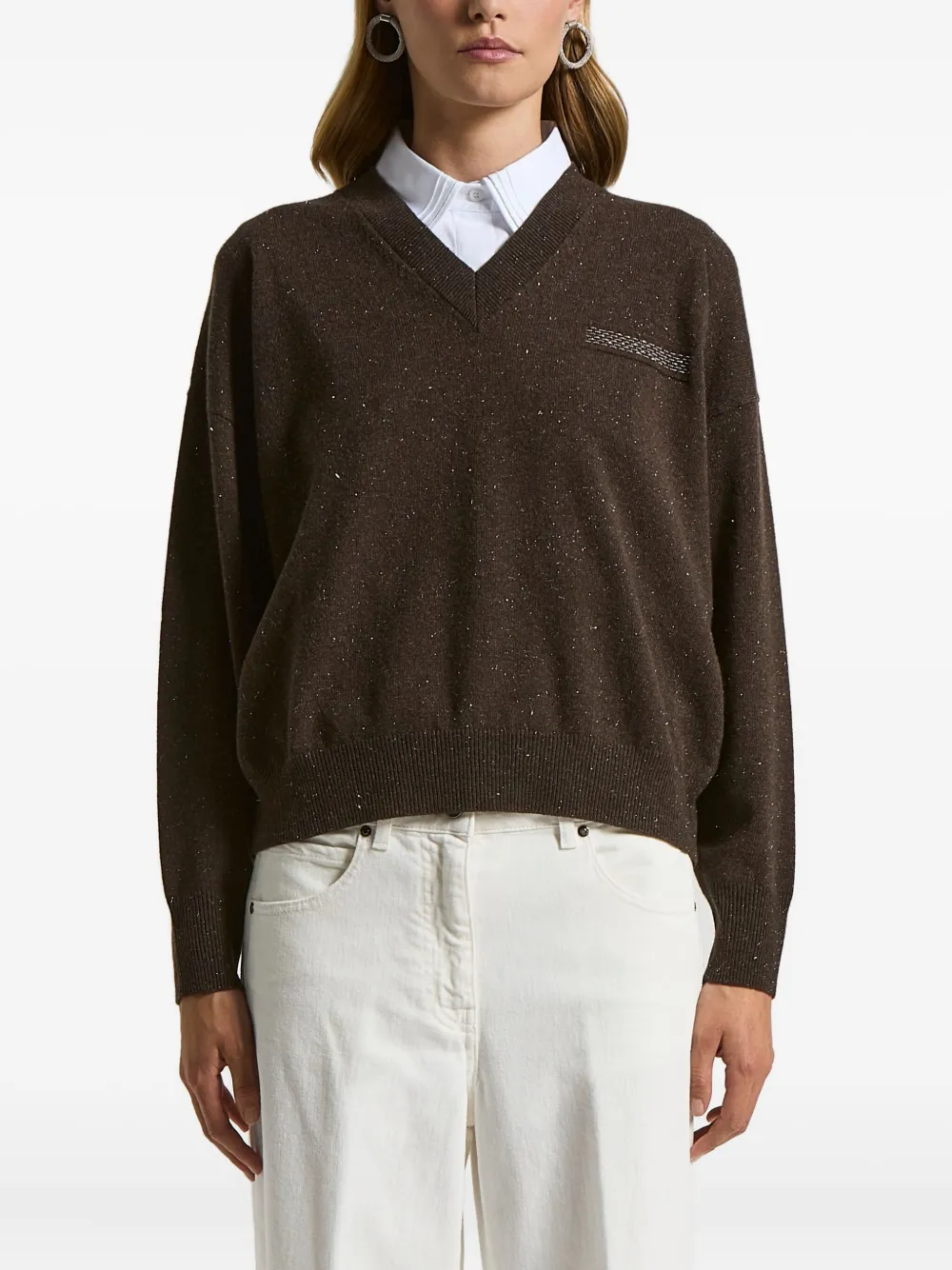 

Джемпер с V-образным вырезом и украшением Peserico, коричневый