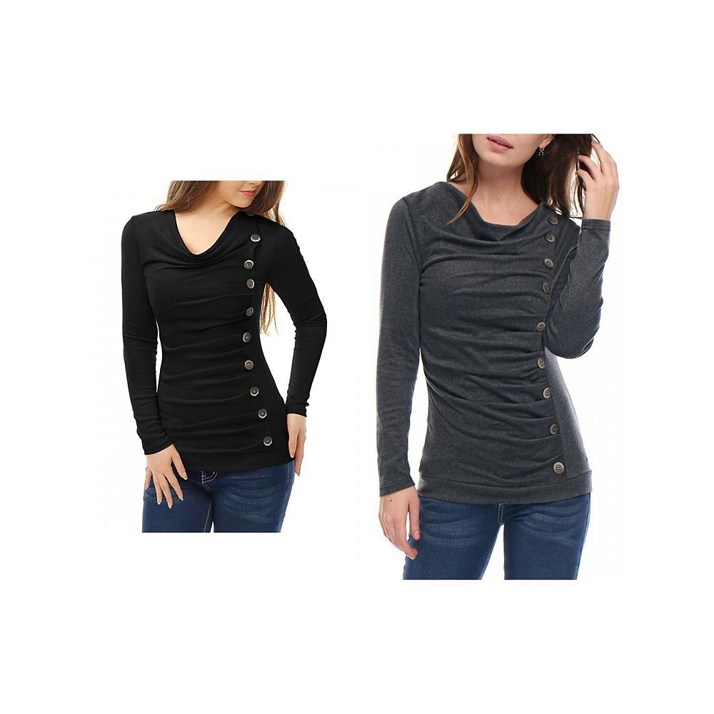 

2 упаковки женских блузок с капюшоном и пуговицами, длинными рукавами и рюшами ALLEGRA K, цвет Black Dark Gray