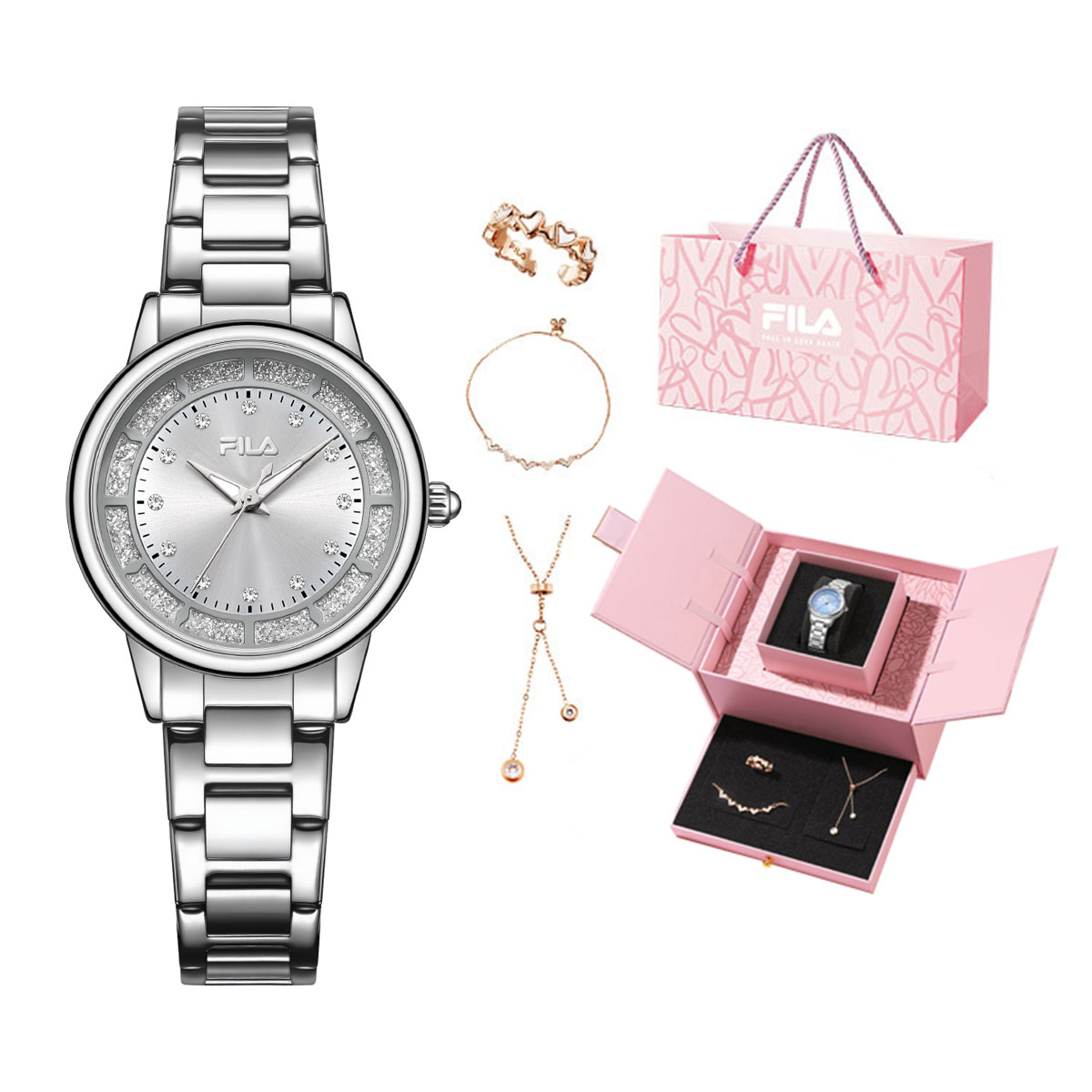 

FILA Элегантные женские часы на кварцевом механизме со стальным браслетом и розовым циферблатом Love At First Sight в романтичной коробке