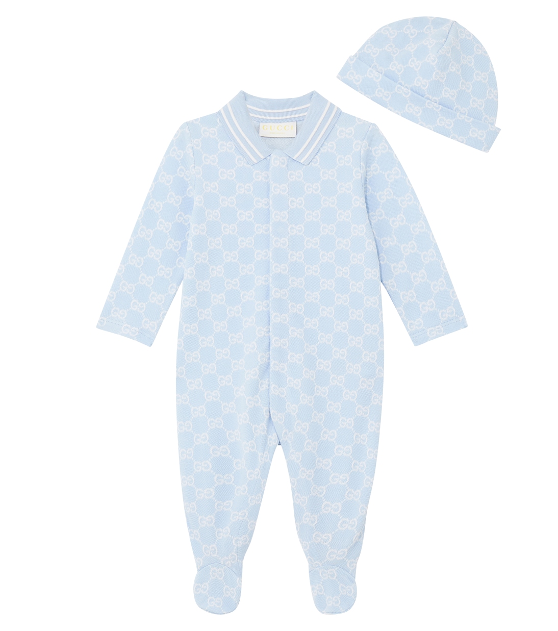 

Детский хлопковый боди и шапочка Baby GG Gucci Kids, Baby Blue/White