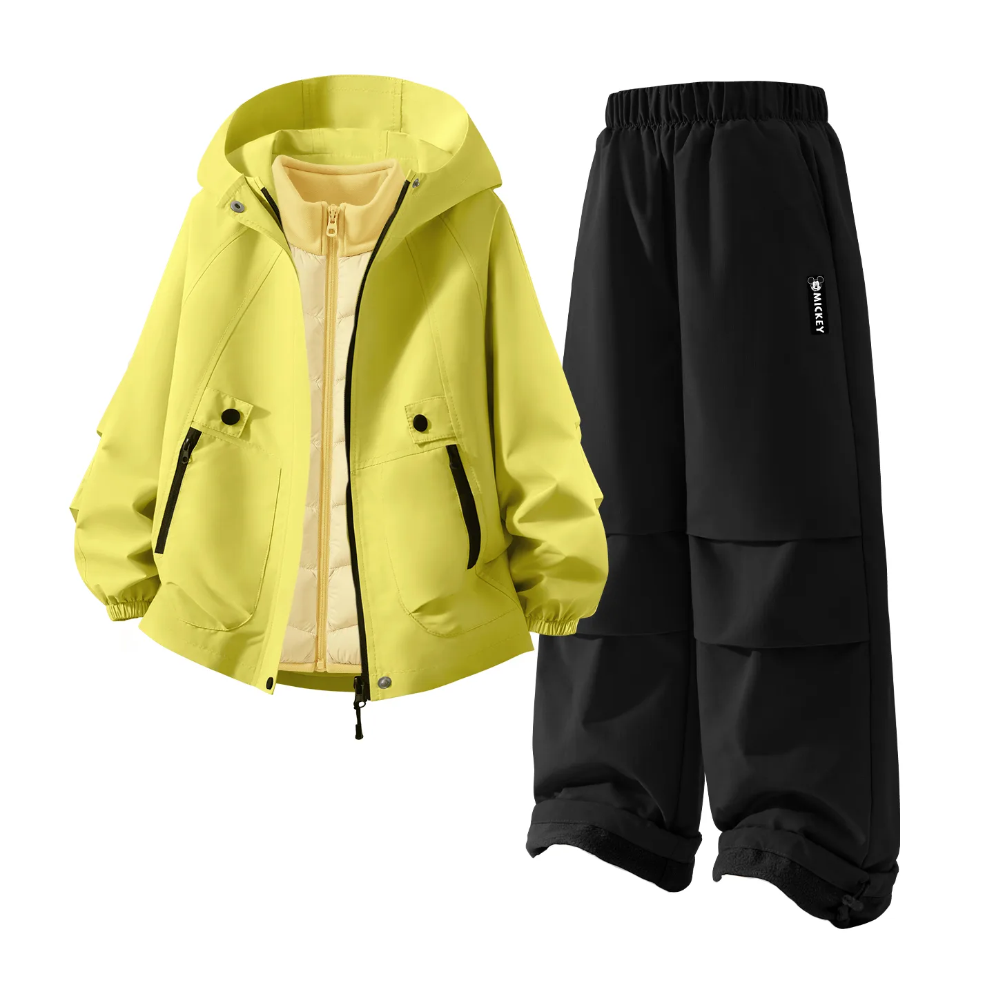 Детский спортивный костюм с круглым вырезом Disney, [Thickened Thermal Three-Piece Set]Solid Color Green+DiH Long Hook-and-Loop K Black+DiH Square Hook-and-Loop K Warm Yellow