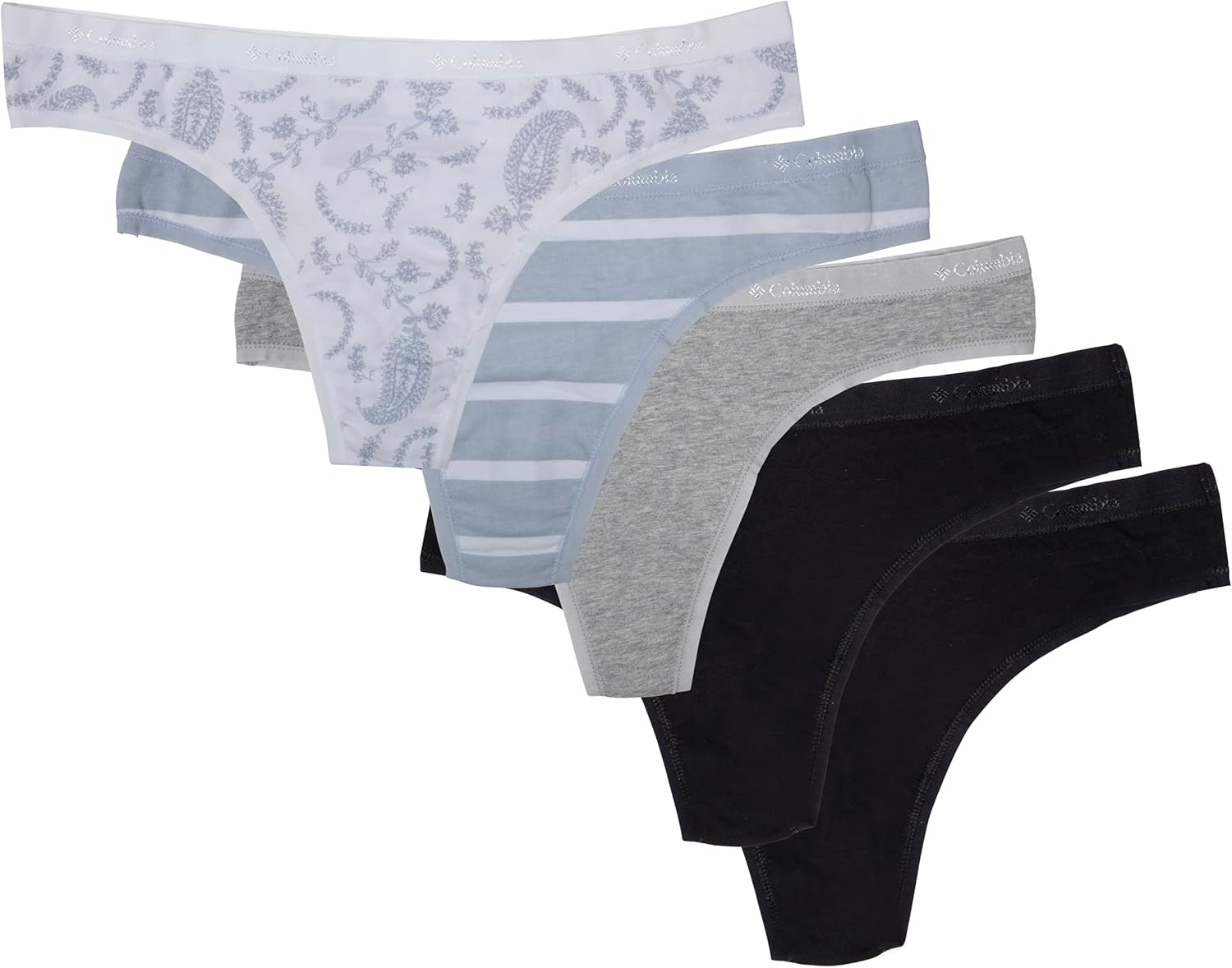 

Columbia женские трусы-стринги 4-way Stretch Cotton, 5 штук, Black/Heather Grey/Striped/Paisley
