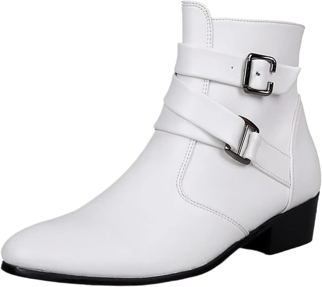 

Мужские кожаные челси с заостренным носком, застежкой-пряжкой, боковой молнией, массивным низким каблуком, вестерн-стиль, формальные ботинки, ботинки до щиколотки Generic, белый