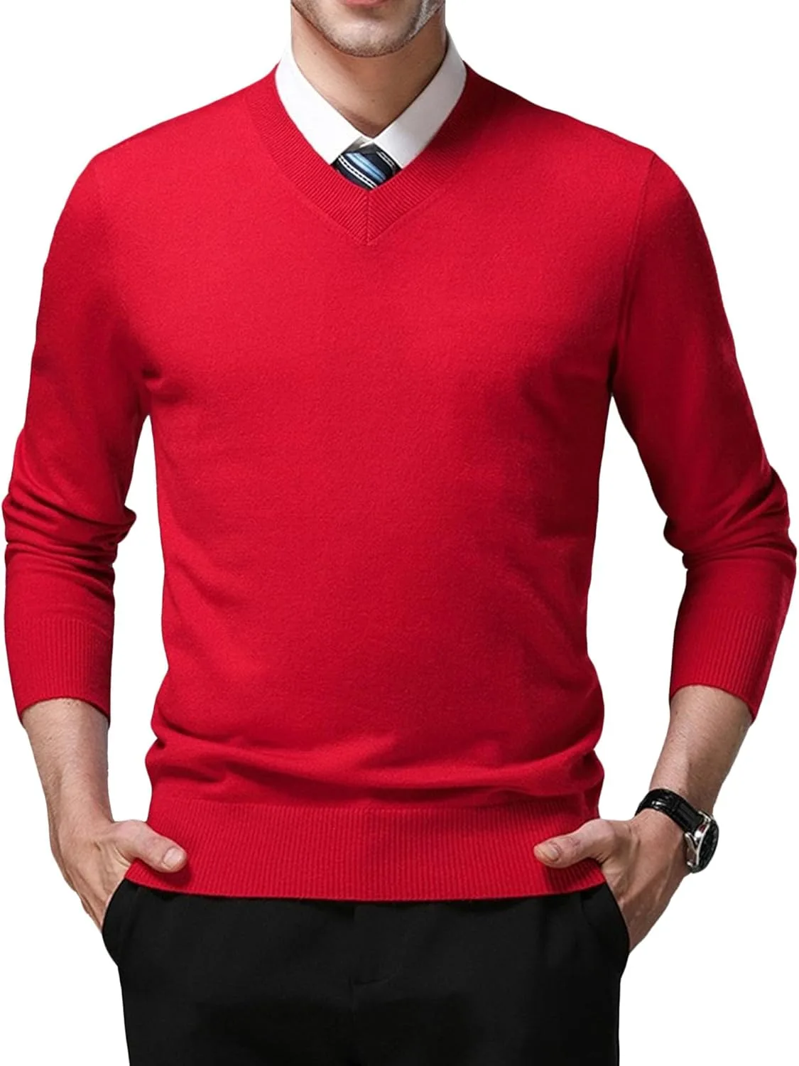 

Мужской вязаный свитер с V-образным вырезом, рифленый, облегающий