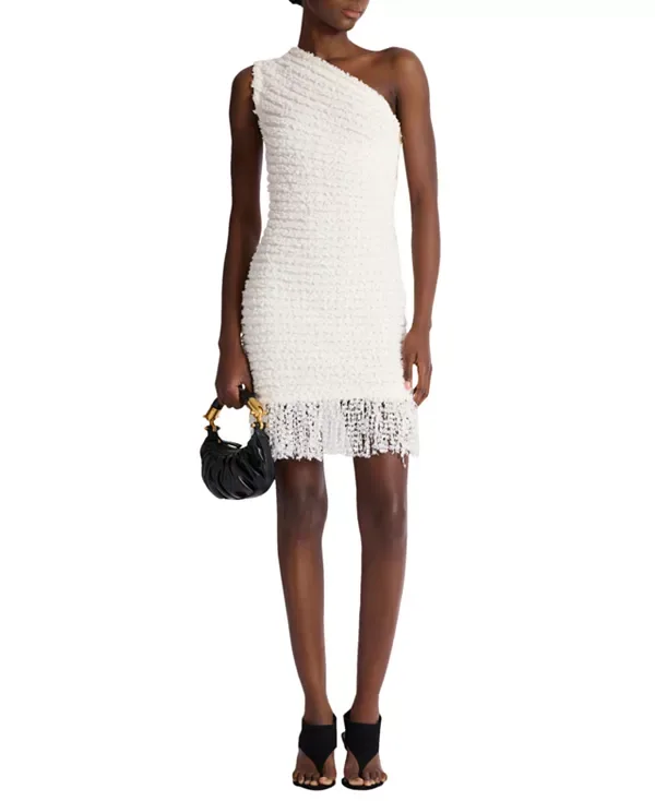 Платье из твида в горошек на одно плечо Balmain, White