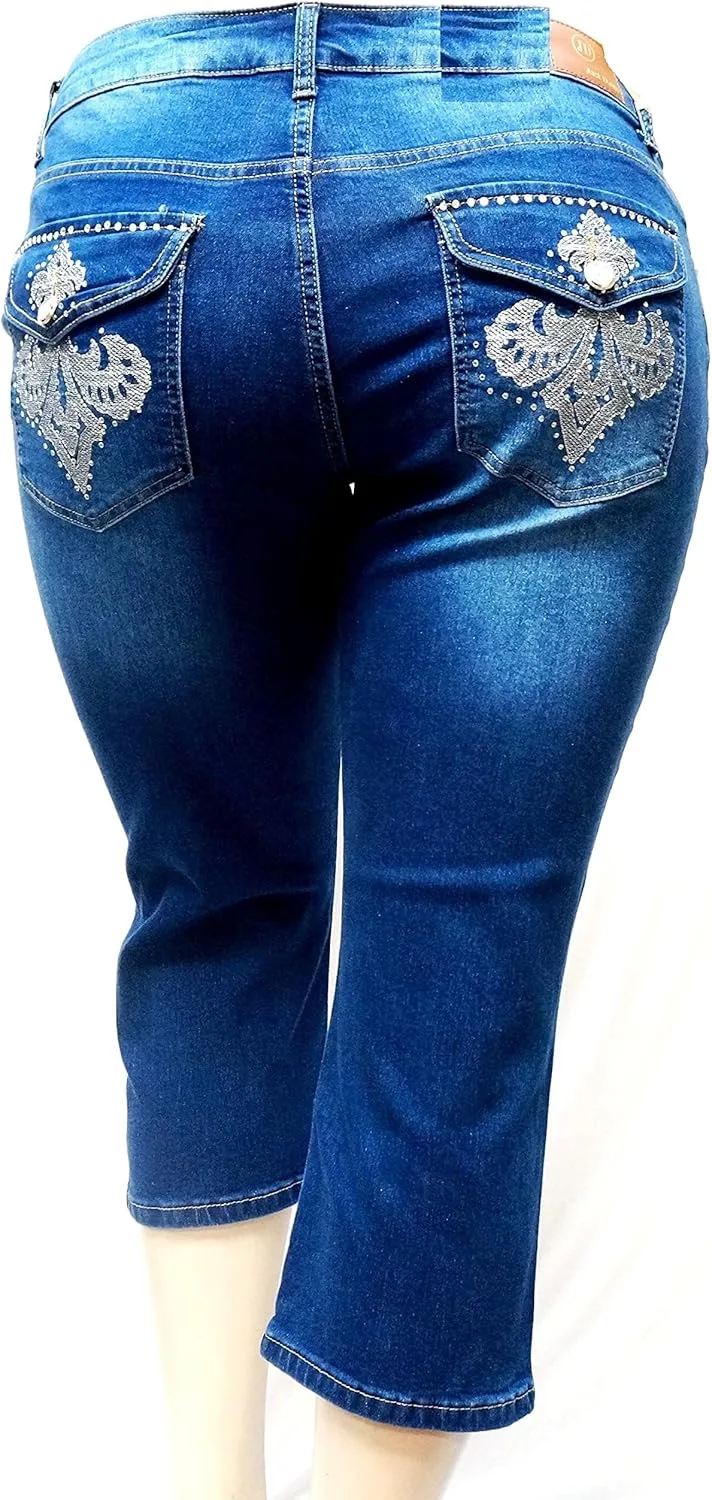 

Jack David Women's Plus Size Stretch MID Rise Blue Denim Capri 1826 Jeans