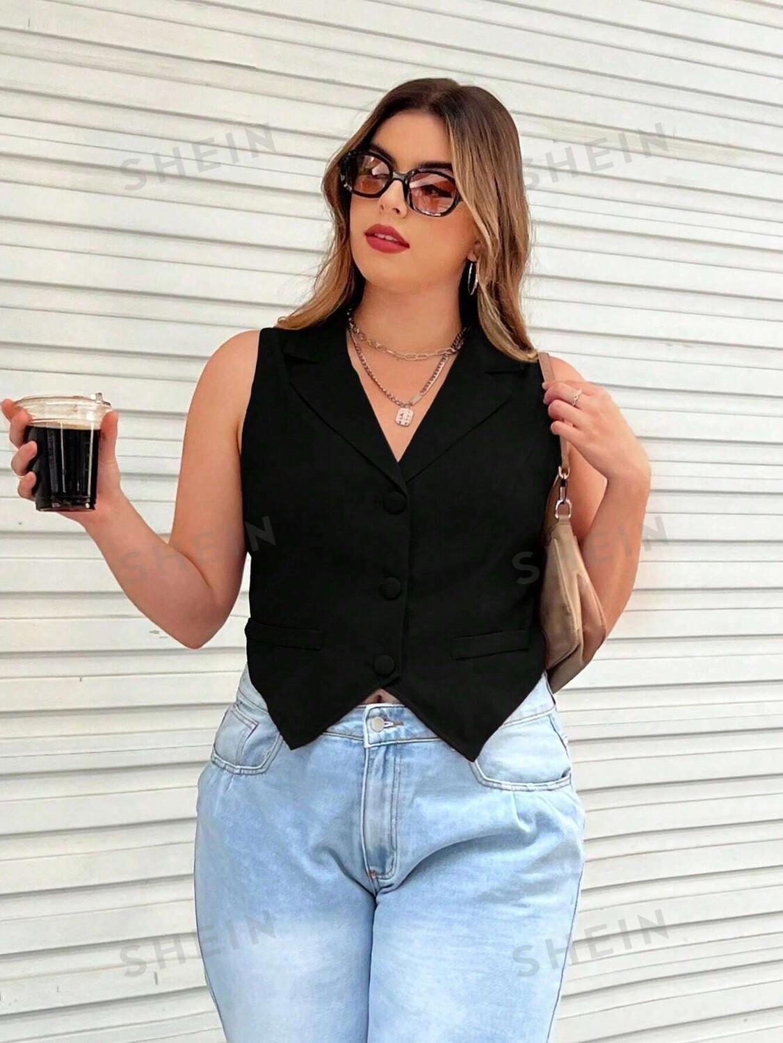 

EZwear Плюс Размер Однотонный жилет для костюма Shein, черный