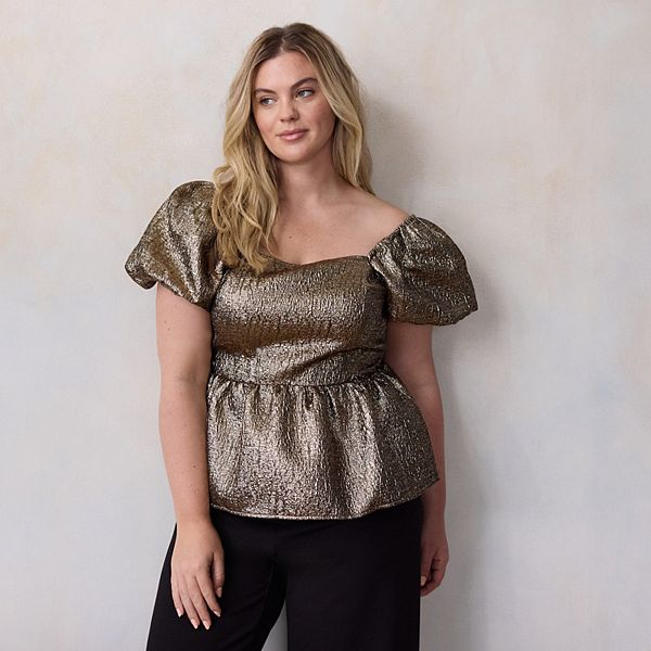 

Топ с пышными рукавами и баской Plus size Lc Lauren Conrad, Metallic Gold Brocade