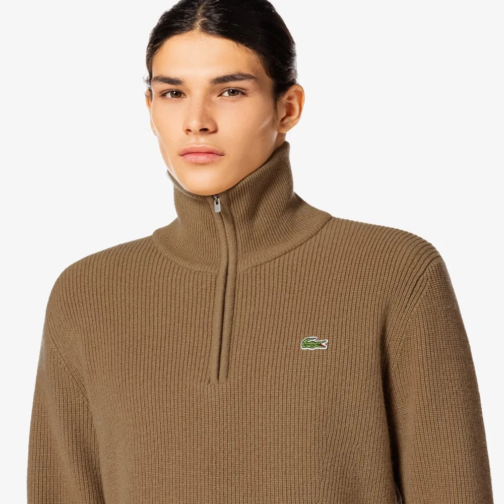 Мужской пуловер на молнии в рубчик из шерсти светло-коричневый от Lacoste — фото 2