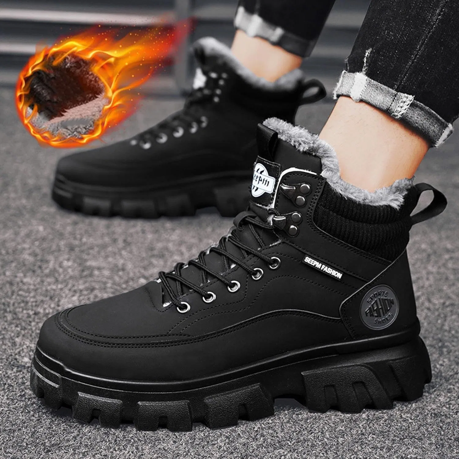 Ботинки Winter Wanderschuhe Damen Herren, Herren Winterstiefel einfarbigem Fleece mit Schnürung, warme Schneestiefel, lässiger Komfort Generic, Schwarz — фото 3