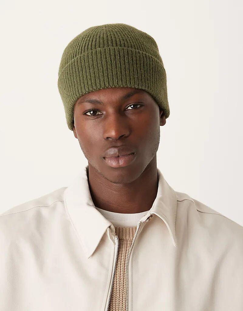 

Мужская шапка-бини My Accessories с отворотами в рубчик оливково-зеленого цвета