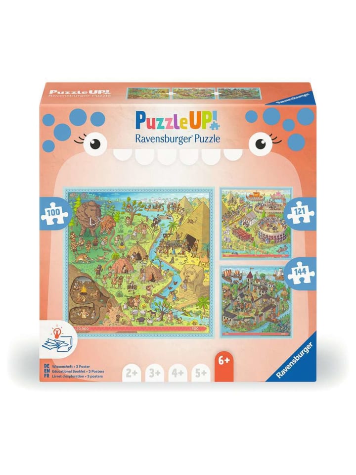 

Пазл Ravensburger 100 + 121 + 144 детали. История - Каменный век, Древний Рим, Средневековье (цветная версия)