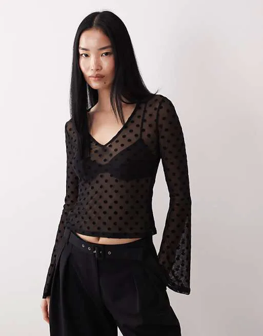 

Черный сетчатый топ с длинными рукавами из прозрачного флока в горошек ASOS DESIGN