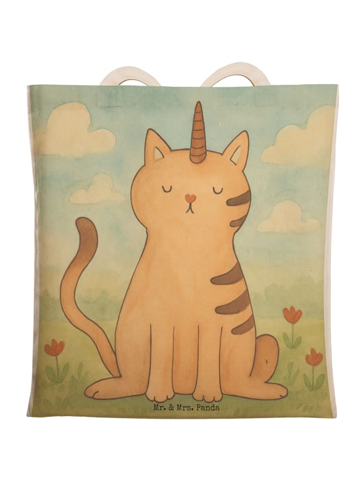 

Сумка-шоппер из ткани с рисунком единорога и кошки, без слогана, белого цвета Mr. & Mrs. Panda