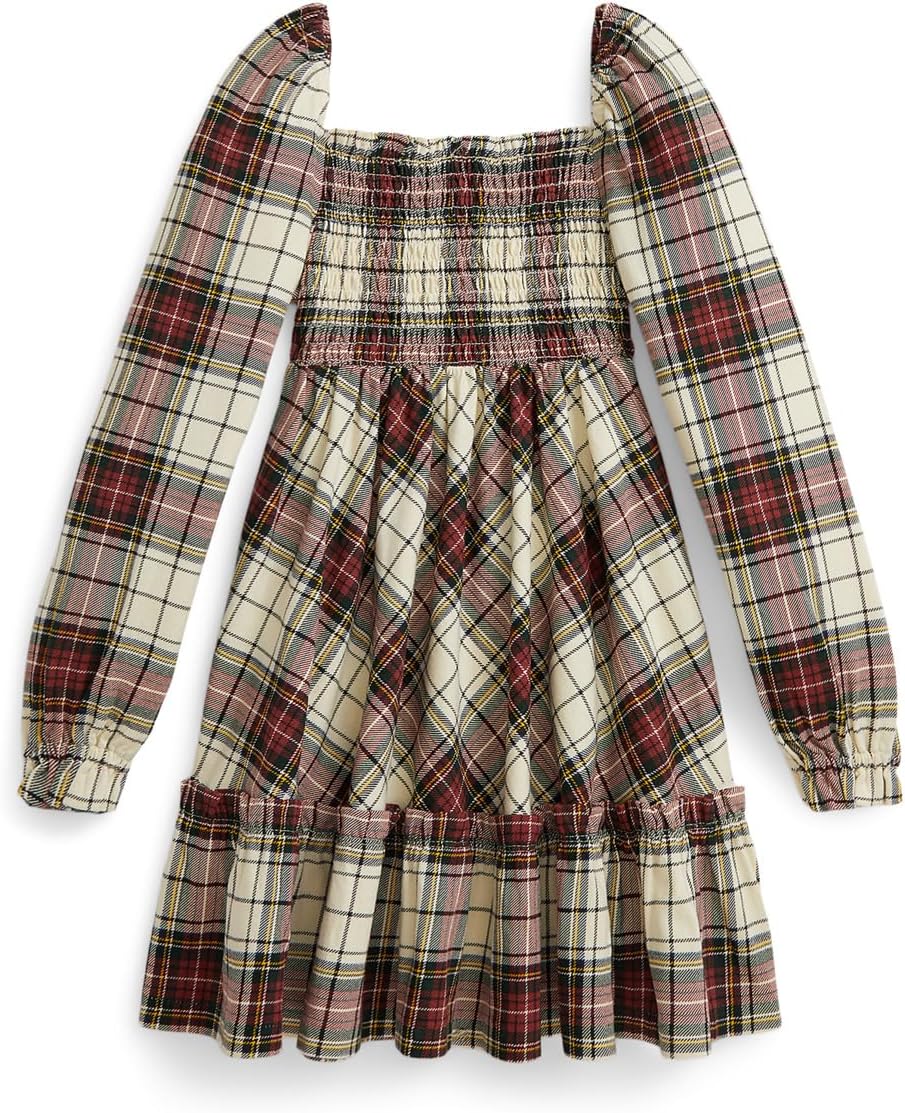 Платье из хлопкового джерси с оборками в клетку Polo Ralph Lauren Kids, Cream Stewart Tartan — фото 2