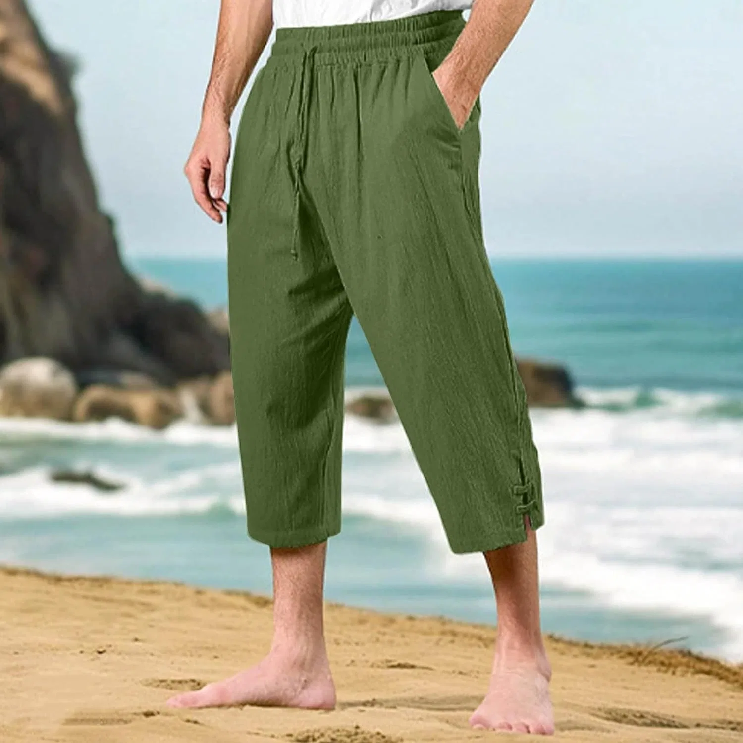 Мужские капри из льна и хлопка, свободный крой, на резинке, широкие, Green — фото 2
