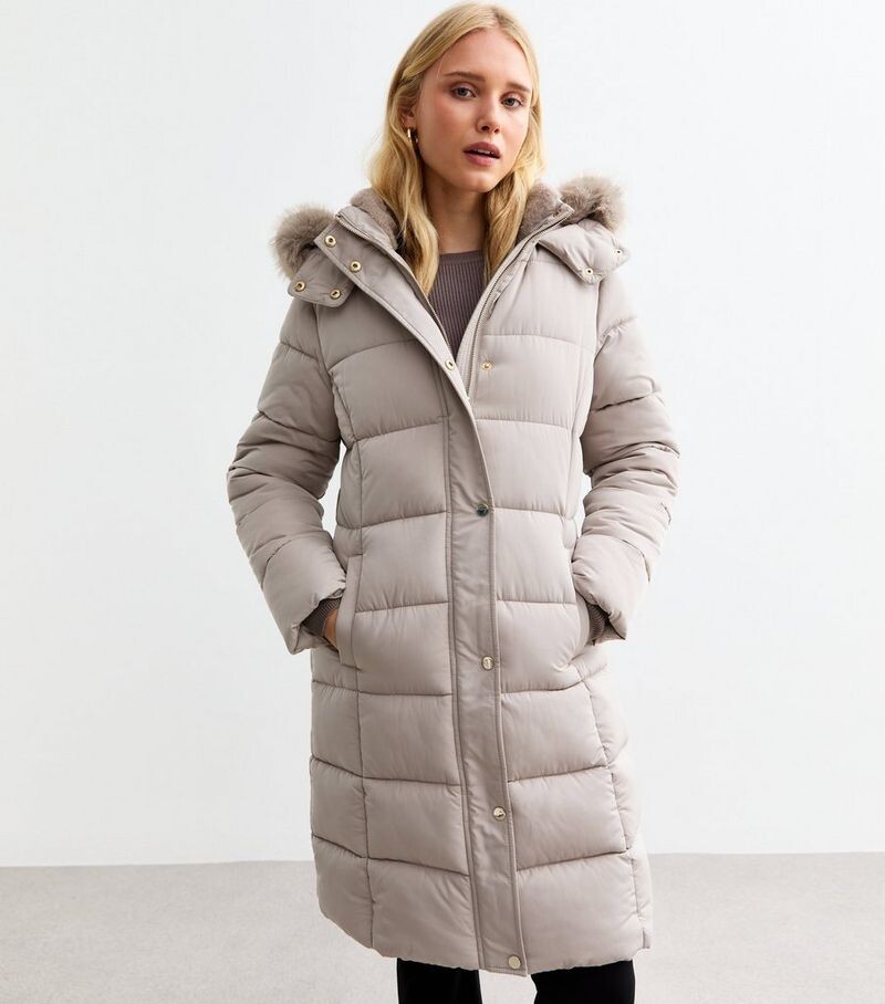 

Длинный пуховик с капюшоном с отделкой из искусственного меха New Look, светло-коричневый