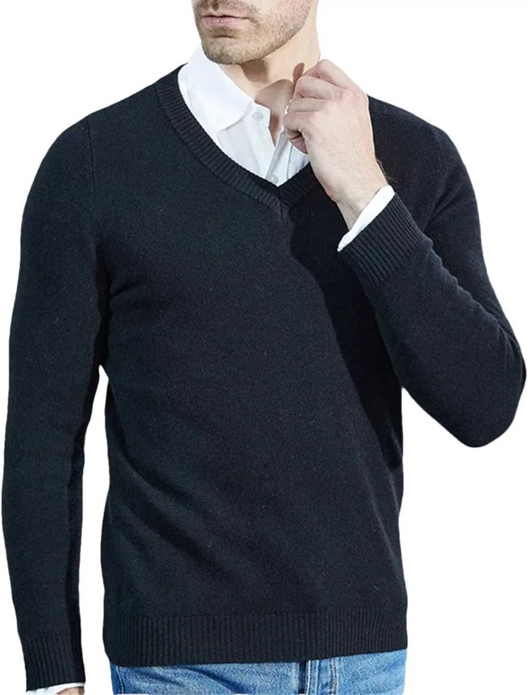 

Мужской вязаный свитер из мериносовой шерсти с V-образным вырезом