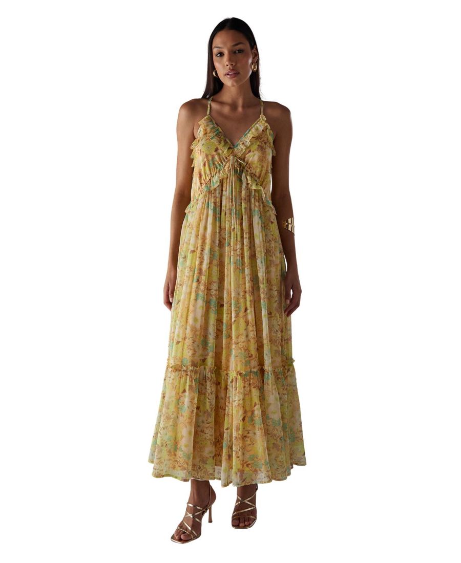 

Длинное платье-макси из шифона с оборками и бретелями Warehouse, Floral