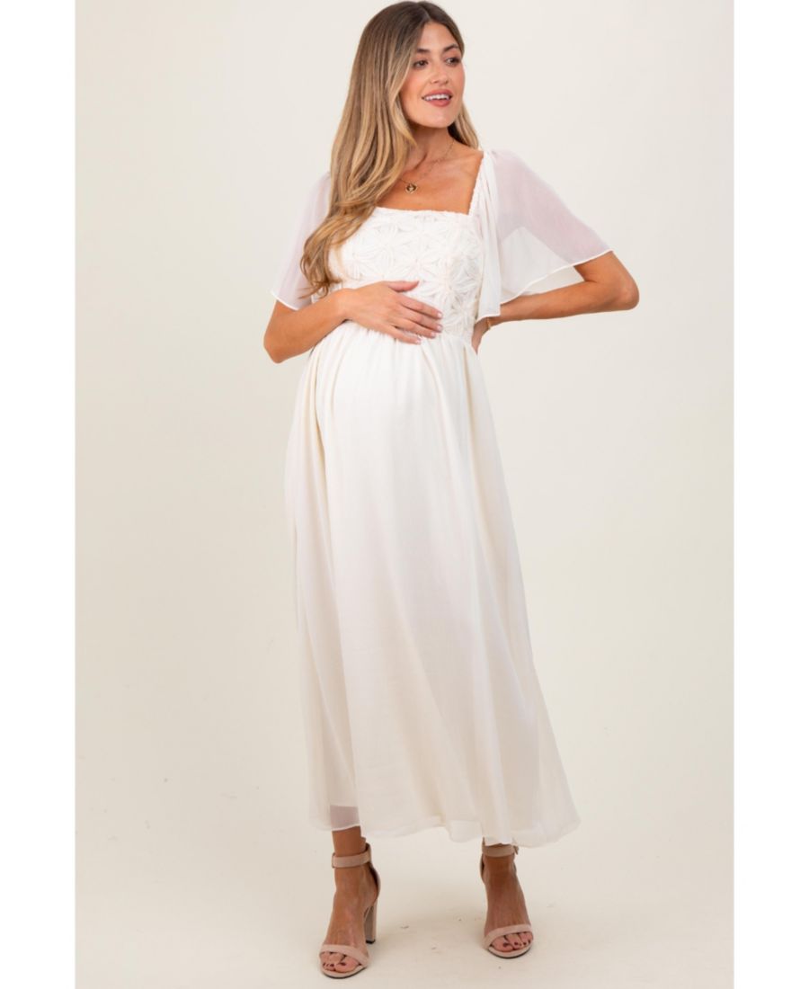 

Платье-миди для беременных кремового цвета с цветочной аппликацией и рукавами-крылышками Pinkblush, Cream