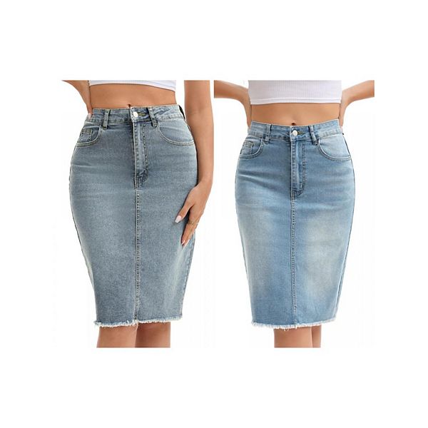 

2 упаковки женская джинсовая юбка с карманами и рваным краем на высокой талии Inspire Chic, Light Blue Gray Blue