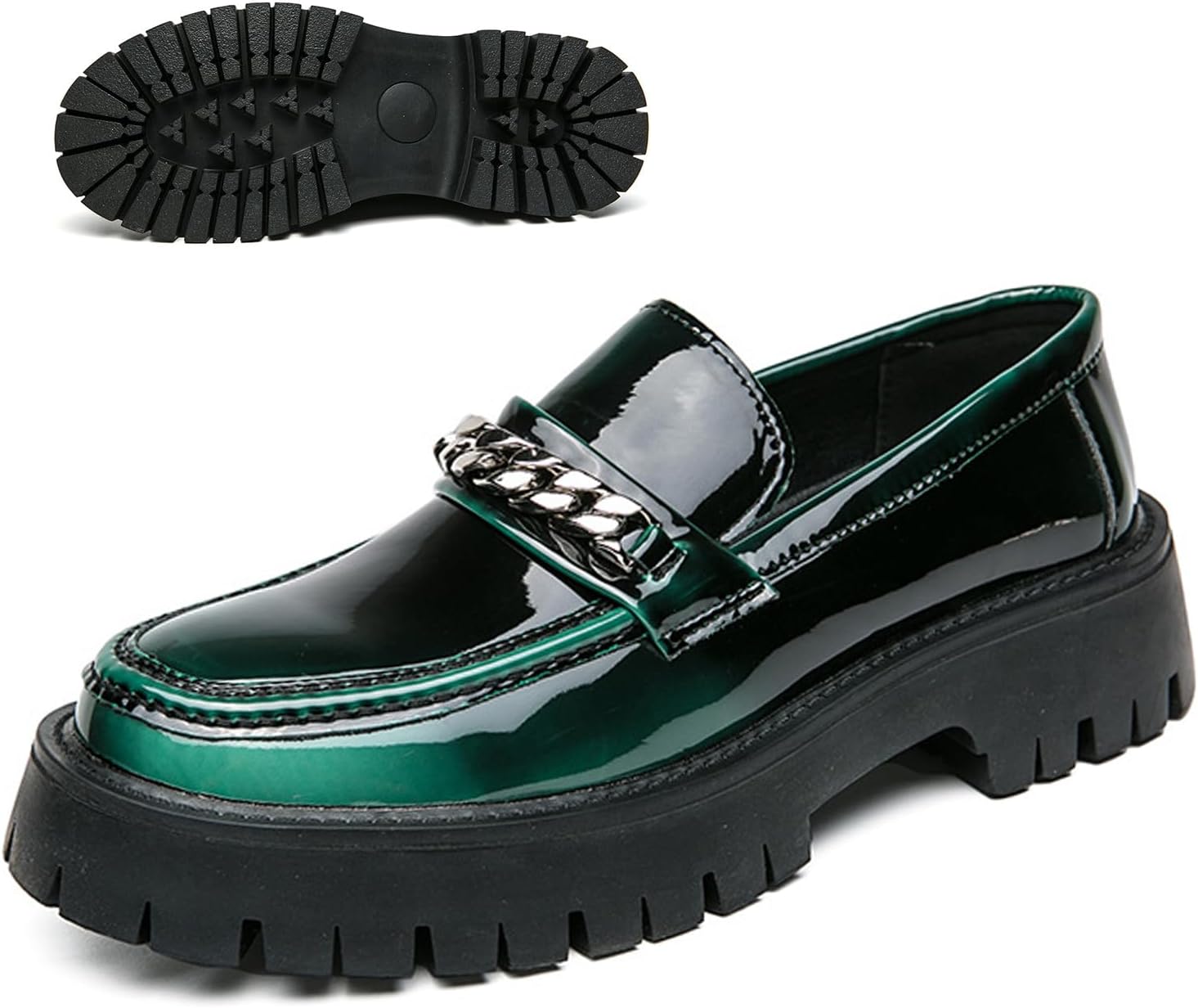 

Мужские лоферы на платформе из лакированной кожи с цепочкой, роскошный круглый носок, низкая массивная подошва, деловая офисная обувь, нескользящие, для свиданий, вечеринок и повседневного ношения Zlnmld, зеленый