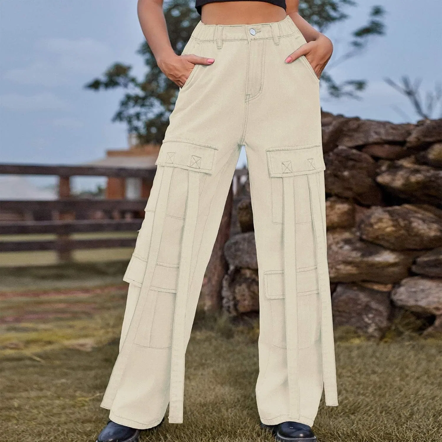 Джинсы свободные, Y2K, High Waisted Straight Wide Leg, хаки — фото 3