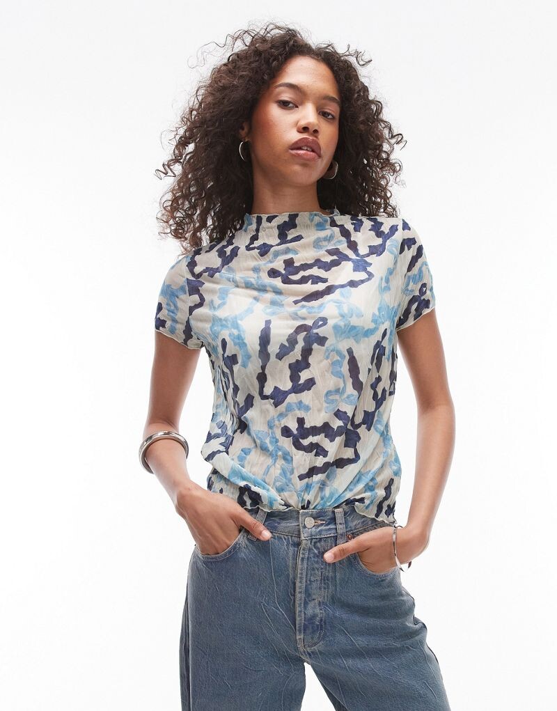 

Синяя футболка с рюшами и принтом Topshop