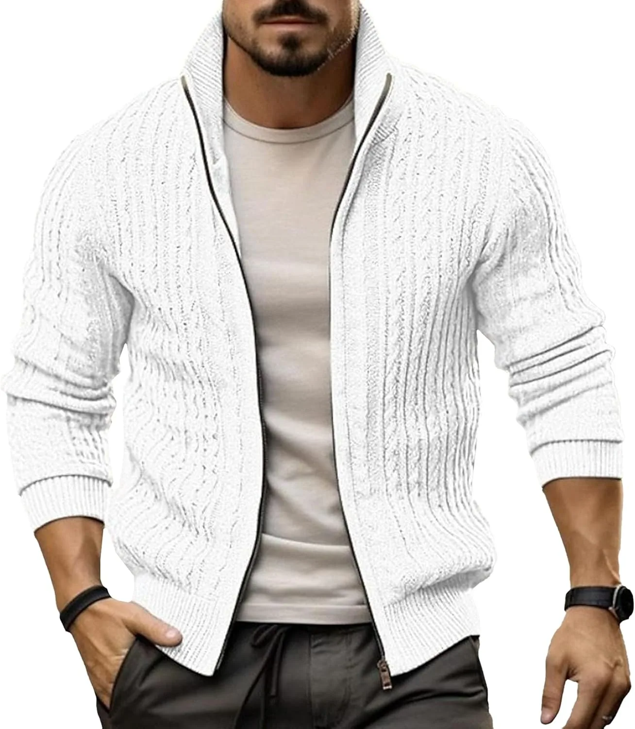 Мужской свитер с молнией и кабельным узором Slim Fit