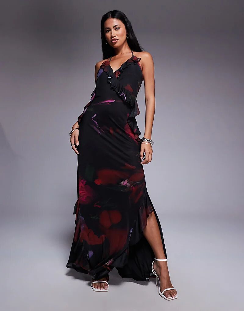 

Платье макси ASOS DESIGN с сетчатым лифом, оборками и цветочным принтом