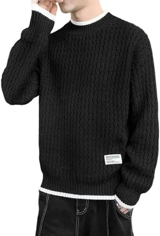 

Мужской вязаный свитер с контрастным о-образным вырезом и пэчворком