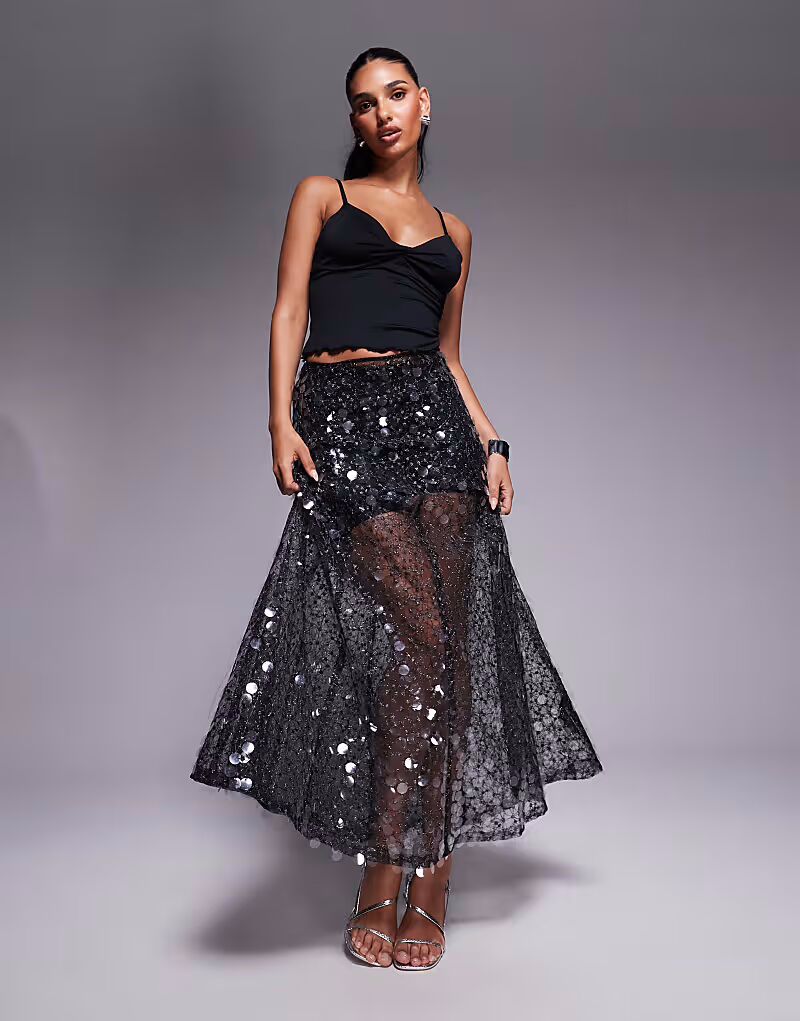 

Юбка макси из сетчатой ​​ткани с декором ASOS DESIGN черного цвета