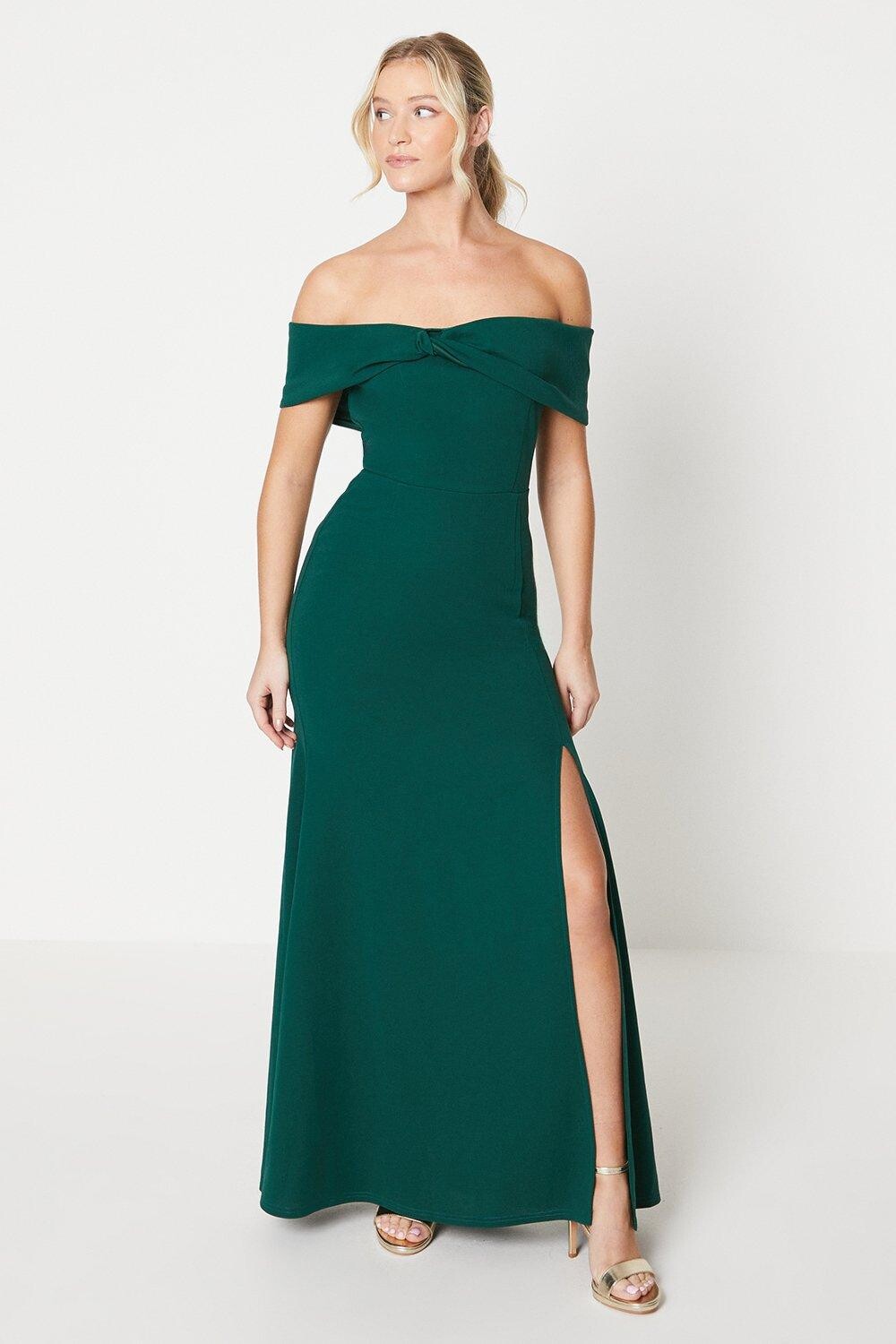 

Платье подружки невесты из крепа Debut London Twist Bardot Debenhams, зеленый