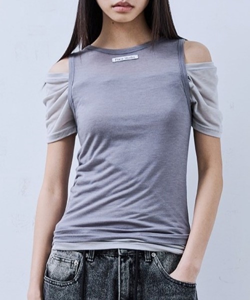 

Футболка с открытыми плечами PLACE STUDIO, угольно-серый