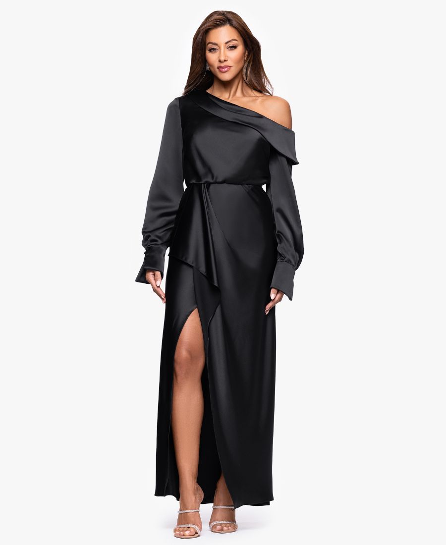 

Женское длинное атласное платье на одно плечо с поясом XSCAPE, Black