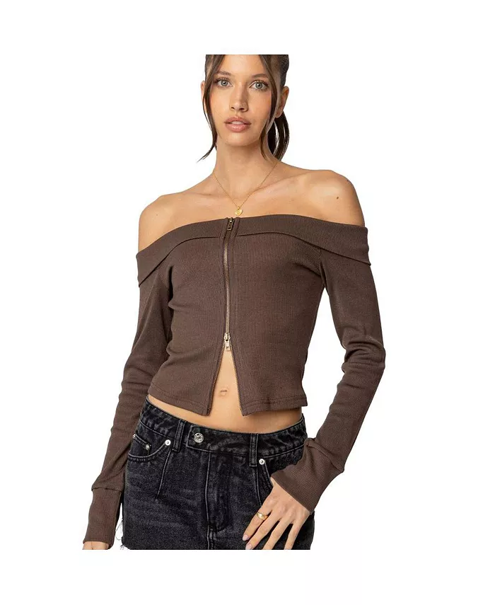 

Женский топ Clarissa Fold Over с ребристым краем Edikted, коричневый