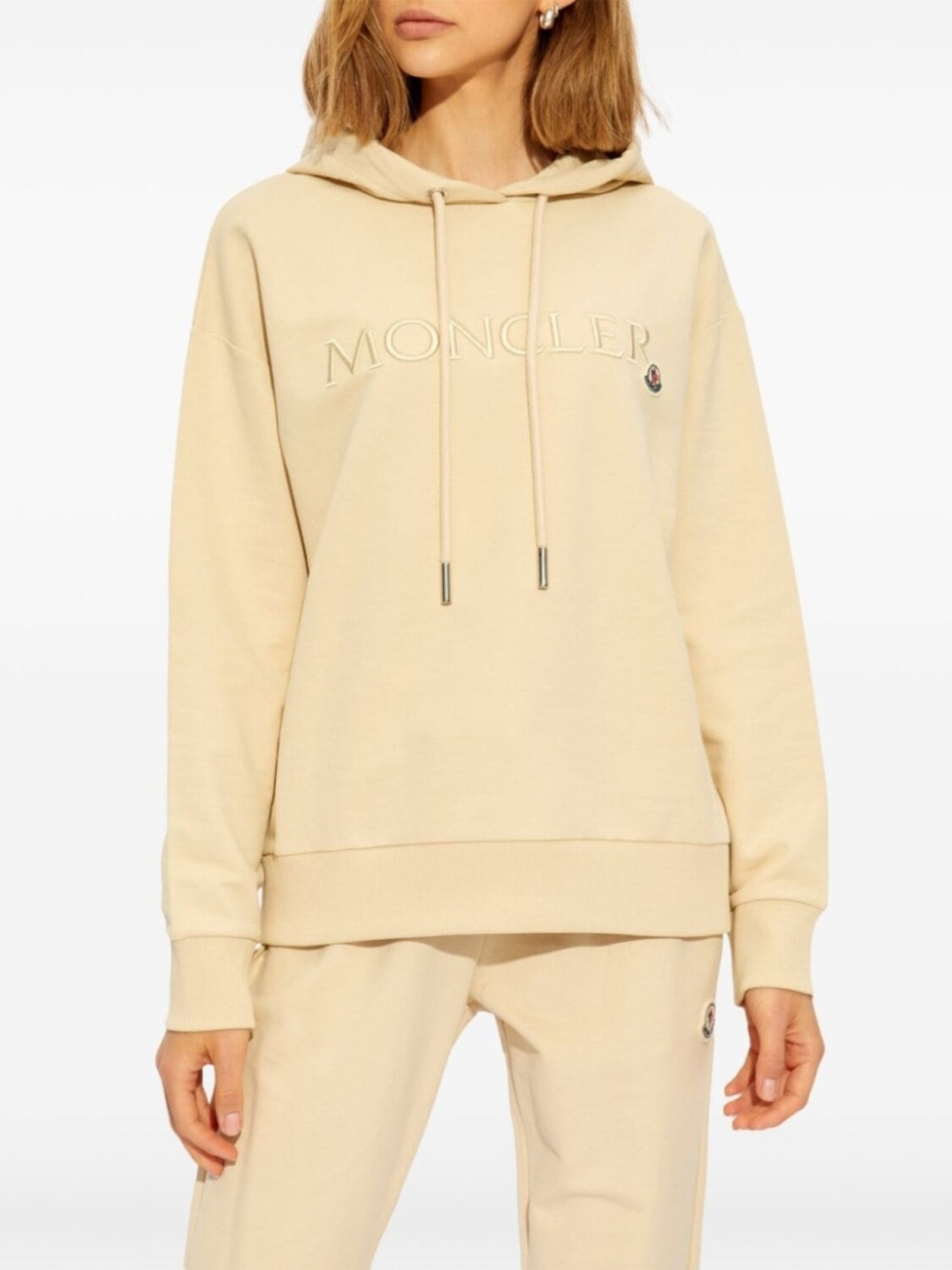 Moncler хлопковая толстовка с капюшоном и вышитым логотипом, нейтральный цвет — фото 3