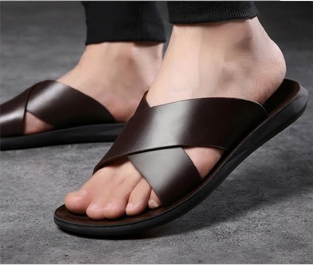 Мужские сланцы Battle Men Fashion X Band, однотонные, из натуральной кожи, с открытым носком, повседневные, пляжные, на резиновой подошве, противоскользящие, коричневый — фото 4