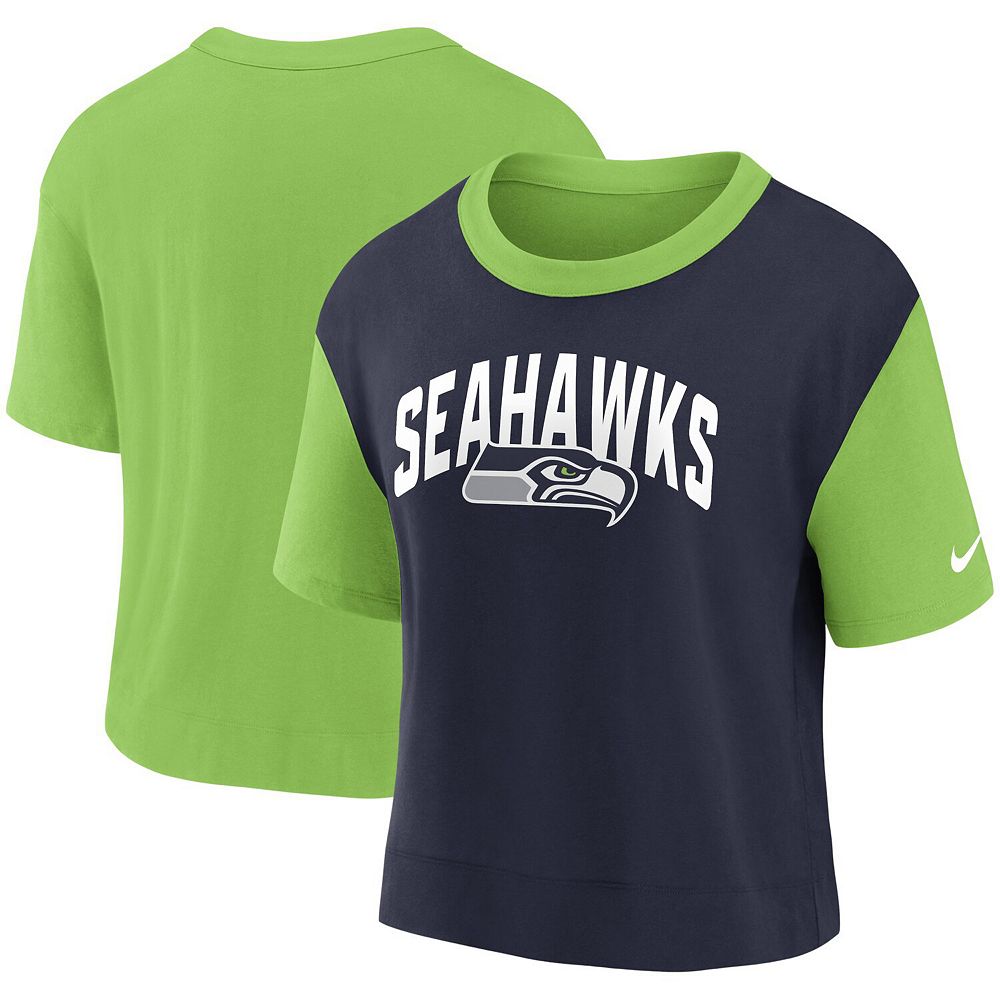 

Женская модная футболка с высоким бедрами Nike Neon Green/College Navy Seattle Seahawks, цвет Sea Brt Gr