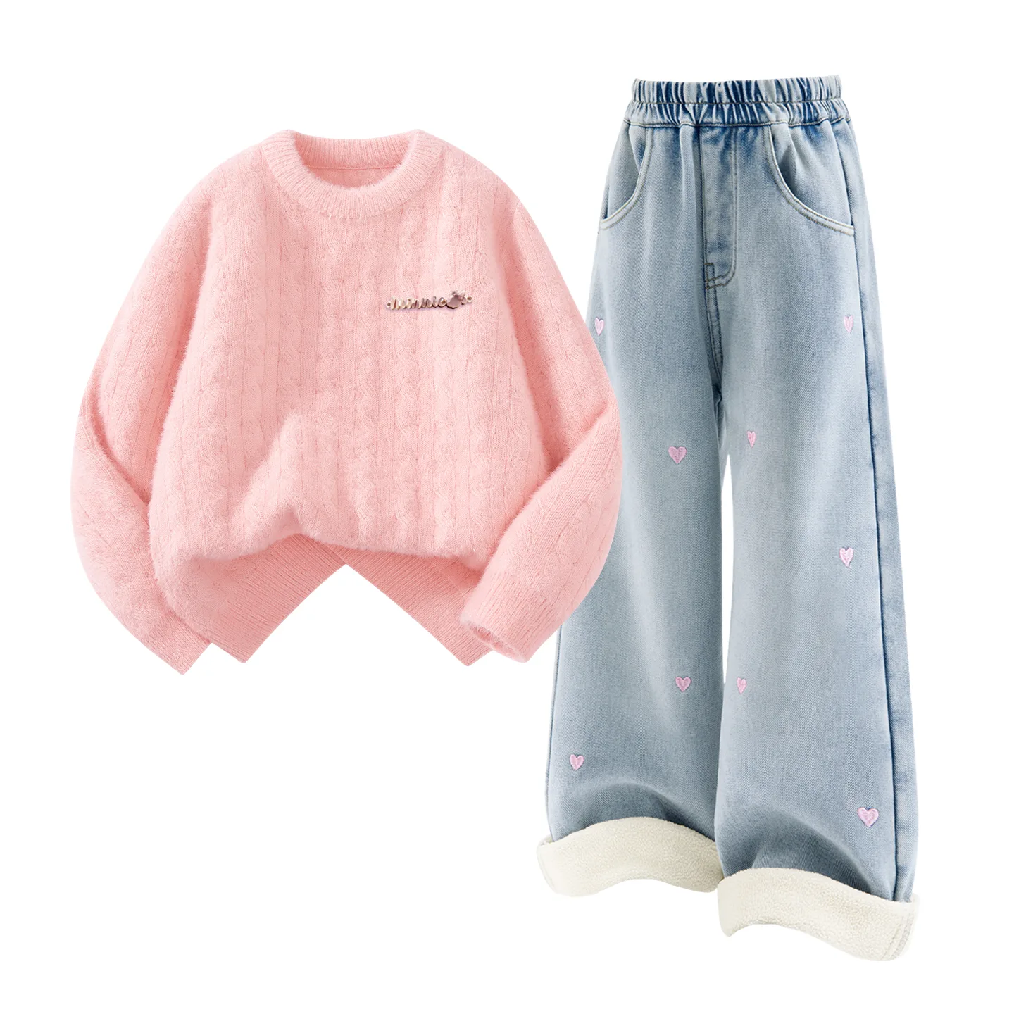Детская повседневная спортивная футболка с круглым вырезом Disney, [Thickened and Fleece-Lined]Di-Chang Metal Label K Light Purple+Solid Color Denim Light Blue — фото 3