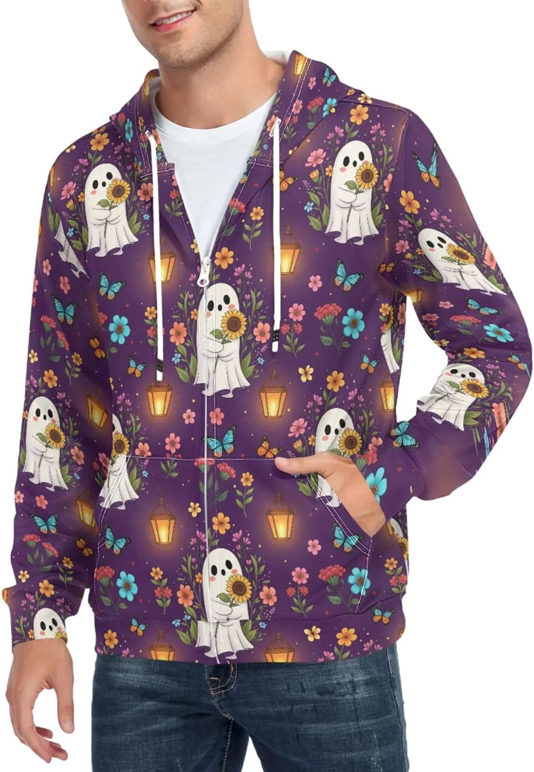 

Мужская толстовка с капюшоном на молнии, принт с цветами и фонарями, с карманом CUPADA